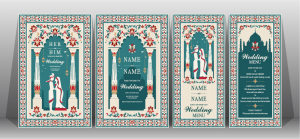 وکتور کادر و حاشیه فیروزه ای با طرح عروس و داماد